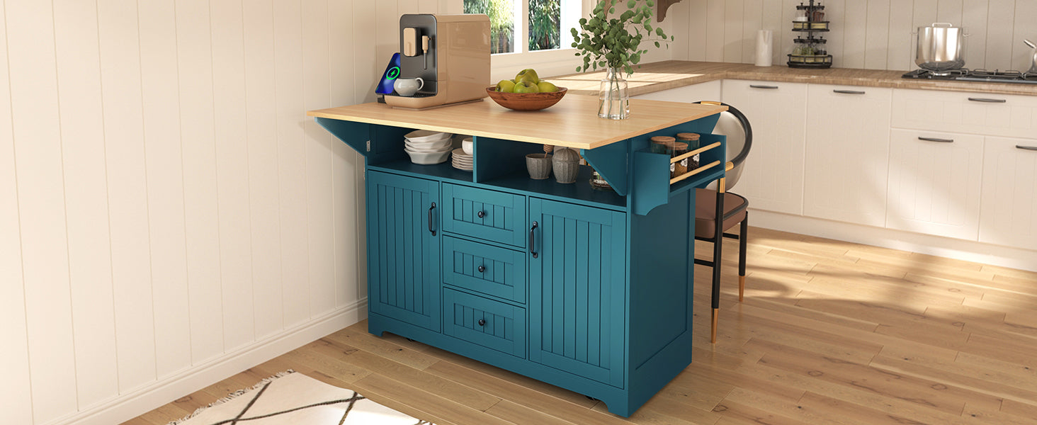 K&K 55.7'' Large Kitchen Island with 2 Drop Leaf,, Rolling Kitchen Cart on 5 Wheels with Power Outlet, Folding Storage Dining Table with Spice & Towel Rack , 3 Drawers, for Kitchen, Dining Room,Black