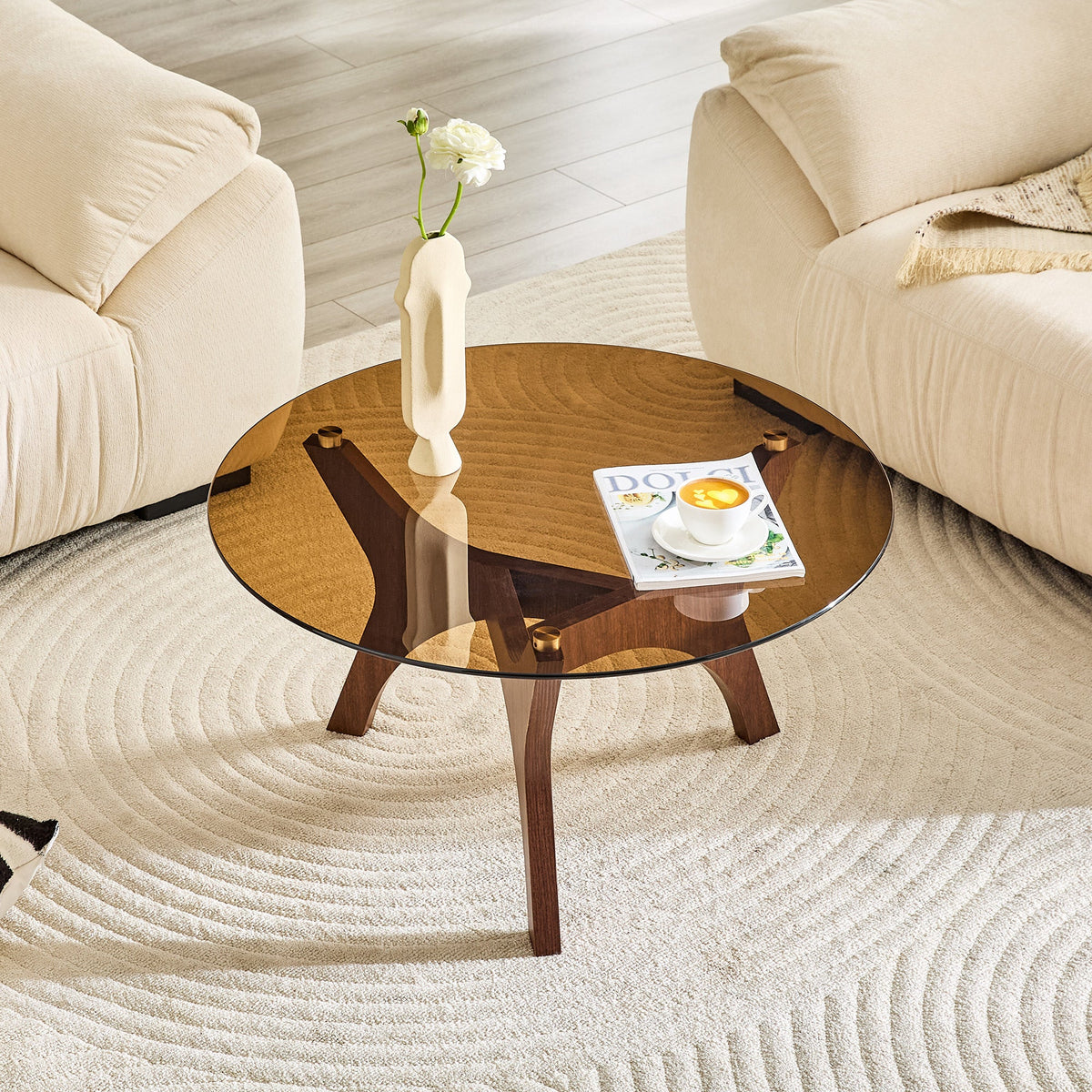 31.5' Glass Coffee Table, Mid-Century Modern Style, Ideal as a Centerpiece for Living Rooms, Bedrooms, Reception Areas, and Offices (Black Wood Grain)