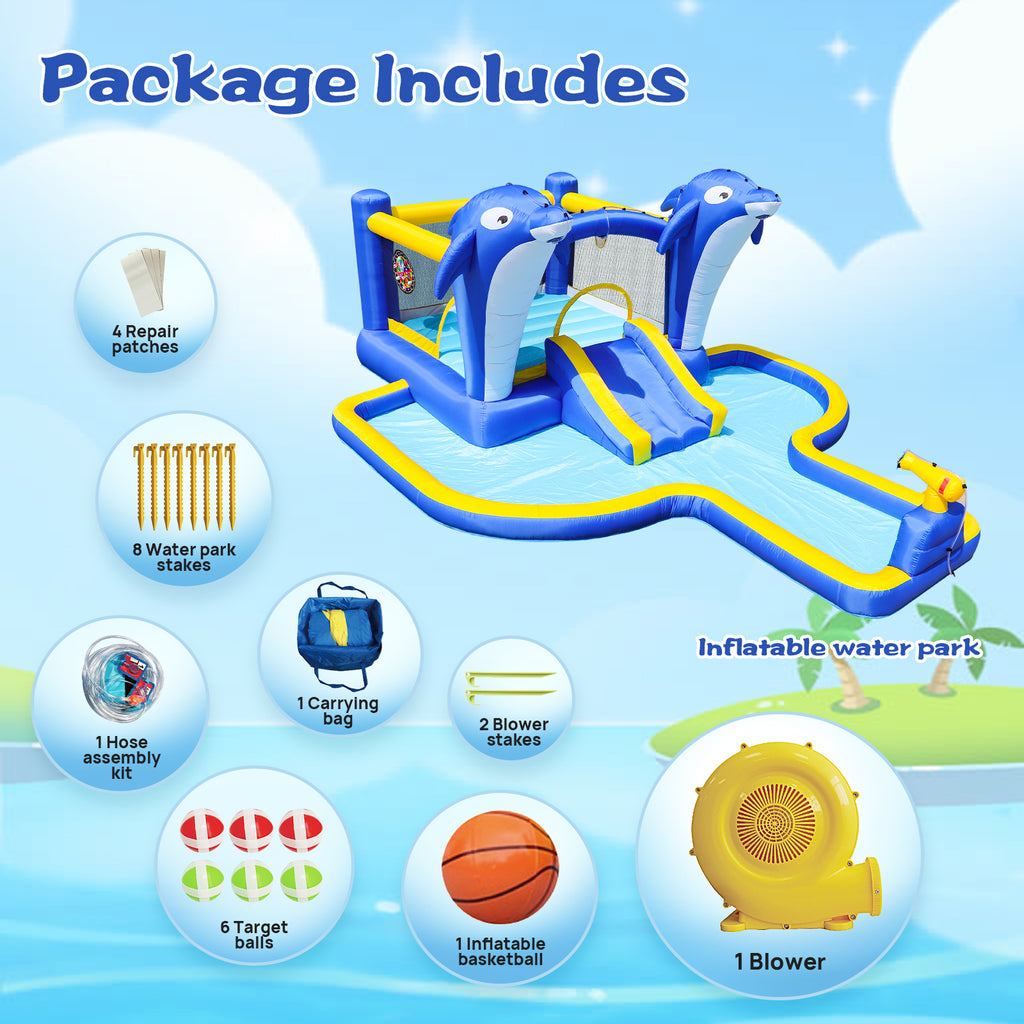 Inflatable trampoline water park backyard lifestyle view