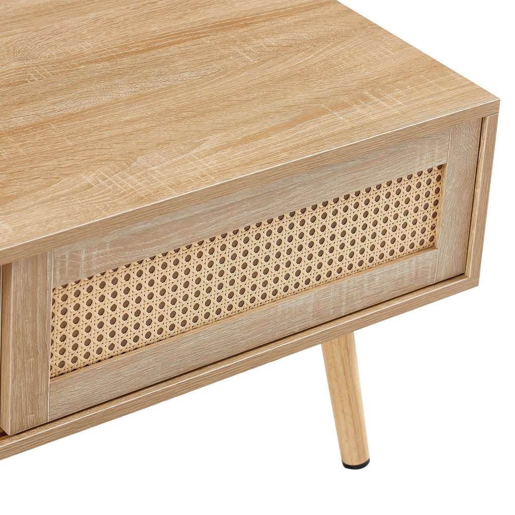Rattan Coffee Table — Sliding Door Storage & Solid Wood Legs