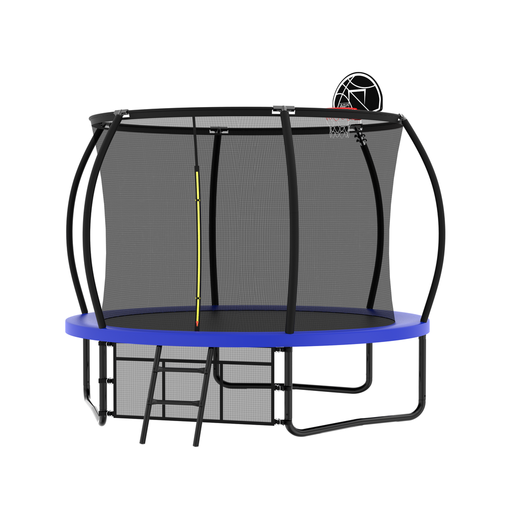 Blue pumpkin-style outdoor trampoline with safety enclosure net and ladder