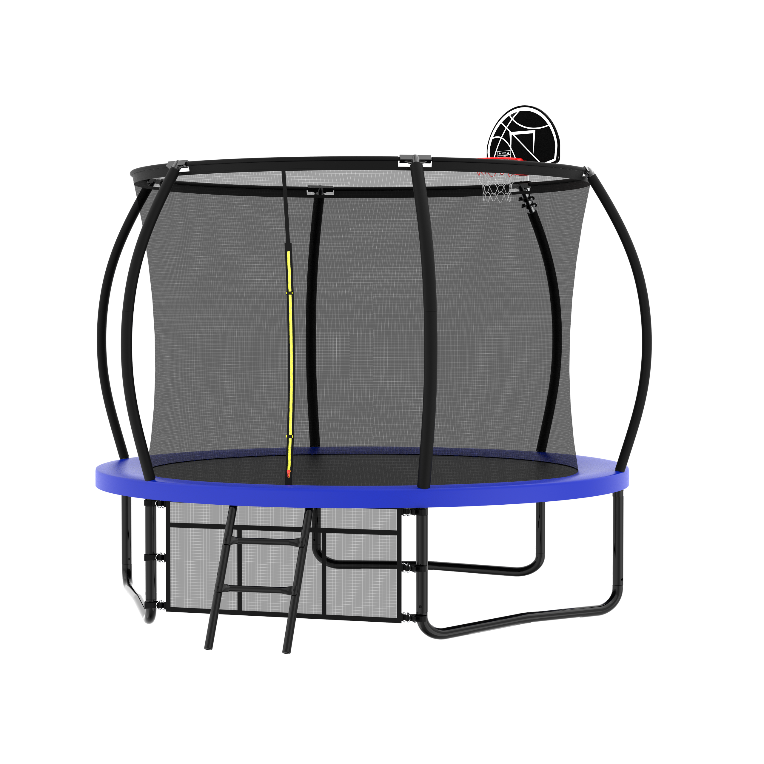 Blue pumpkin-style outdoor trampoline with safety enclosure net and ladder