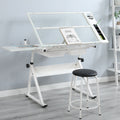 White adjustable glass drafting table with stool — front view