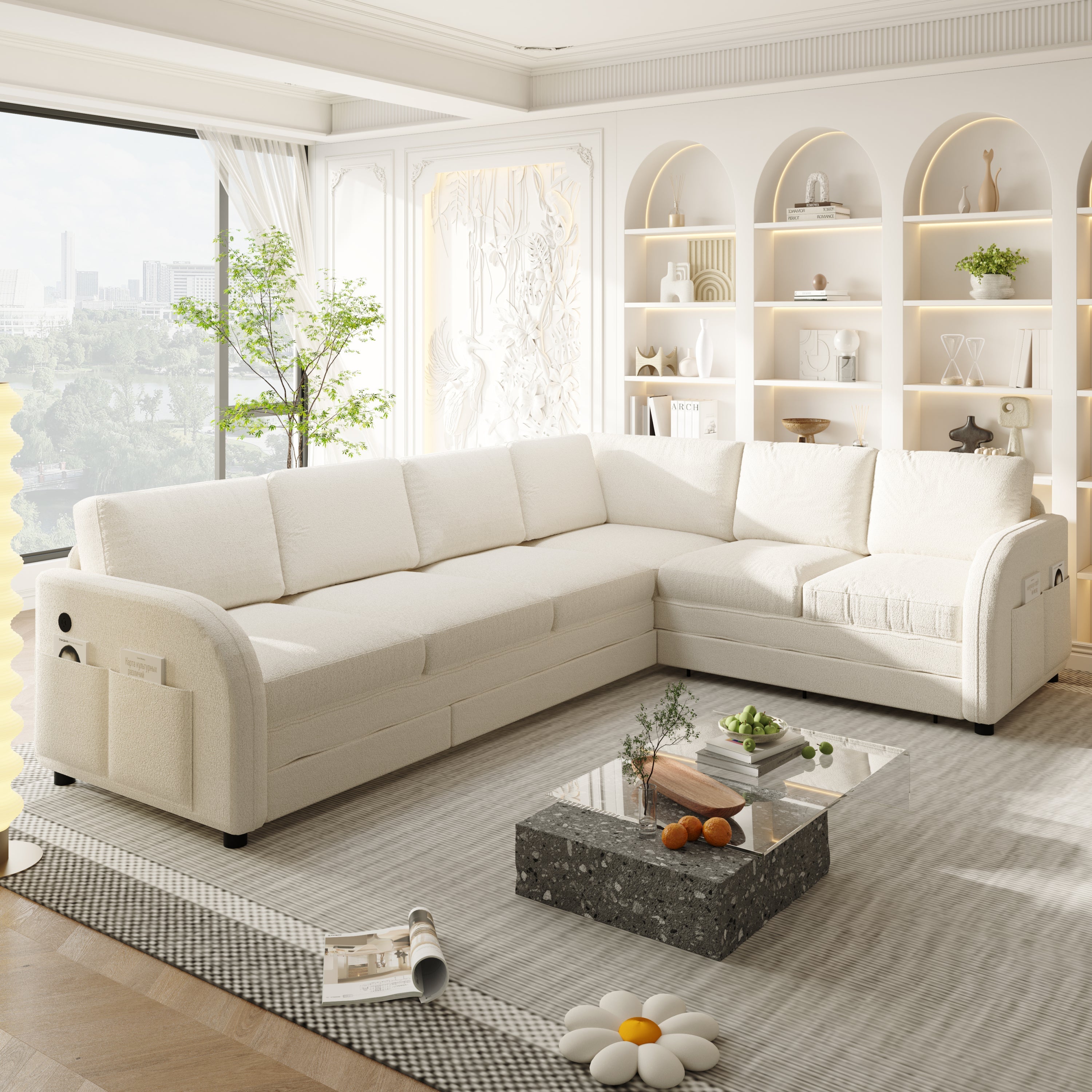 115.2' L-Shaped Sofa Couch with Pull-Out Bed,Oversize Convertible Sleeper Sofa with side Pocket & USB Port,Teddy Upholstered Sectional Couches with Convert Left/Right Facing, Light Grey