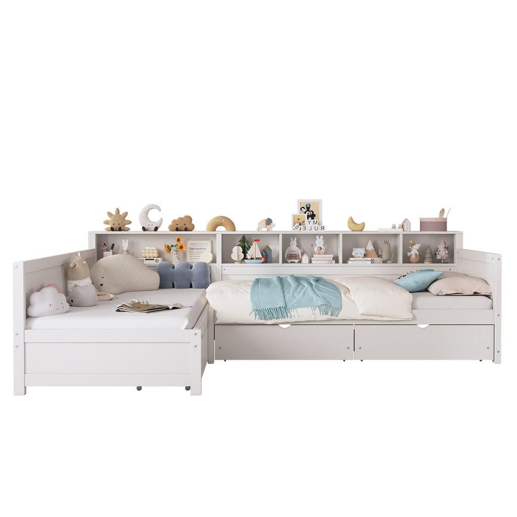 Twin Size Day Bed for 2, L- Shape Twin Size Bed Frame with Storage 3 Drawers, Wooden Corner Bed with Bookshelf, Corner Bed Frame For Bedroom, Living Room,Grey