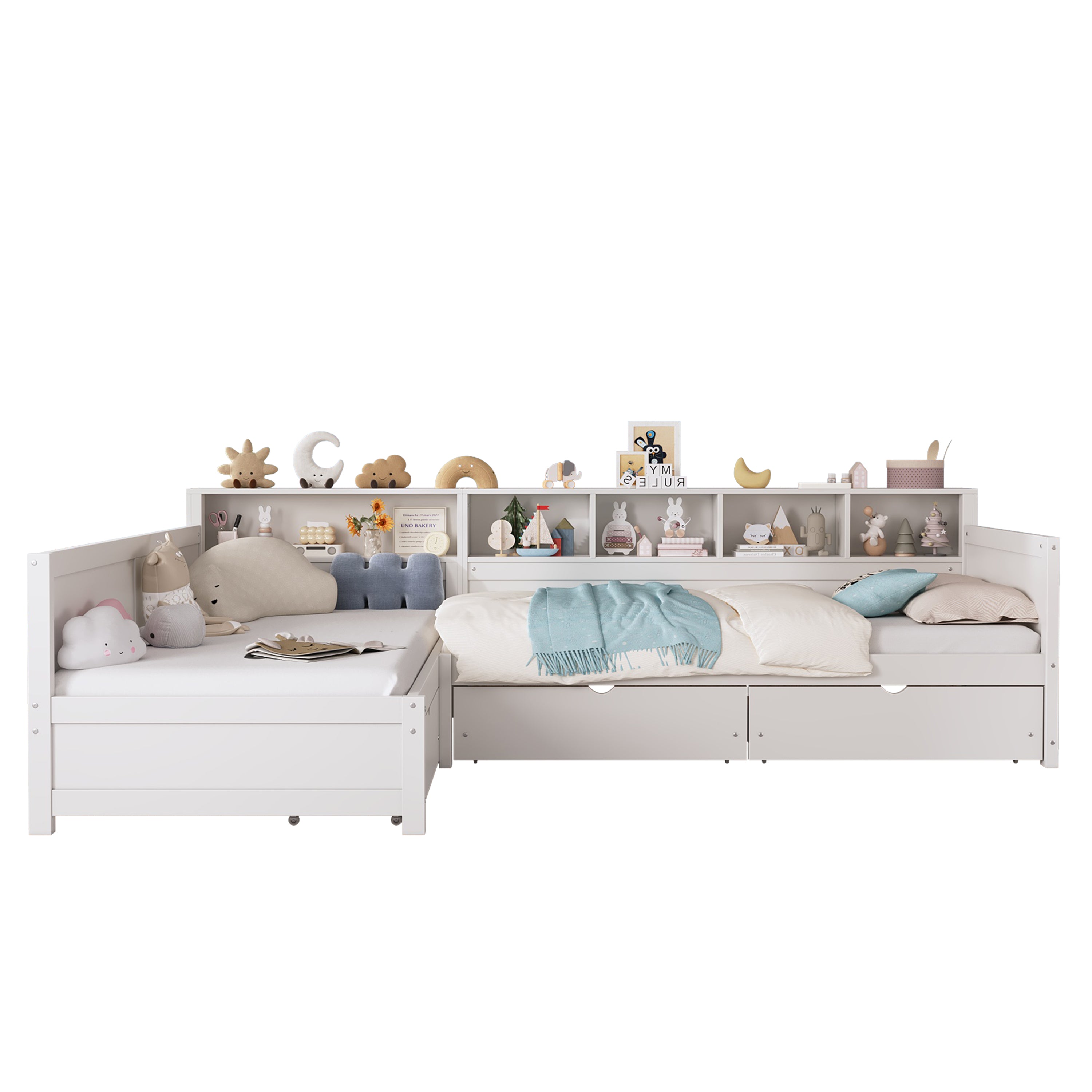 Twin Size Day Bed for 2, L- Shape Twin Size Bed Frame with Storage 3 Drawers, Wooden Corner Bed with Bookshelf, Corner Bed Frame For Bedroom, Living Room,Grey