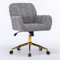 Gray faux fur office chair with gold metal base — front view