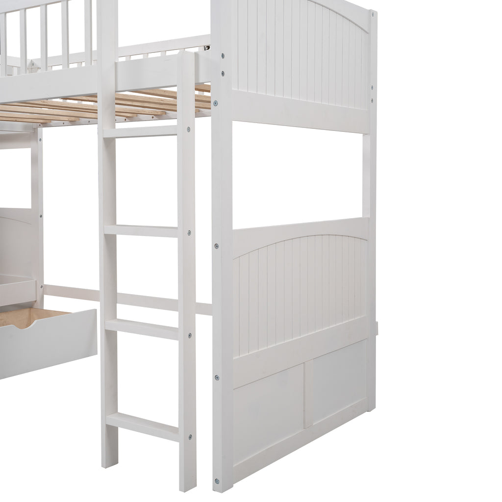 White bunk bed with two under-bed storage drawers