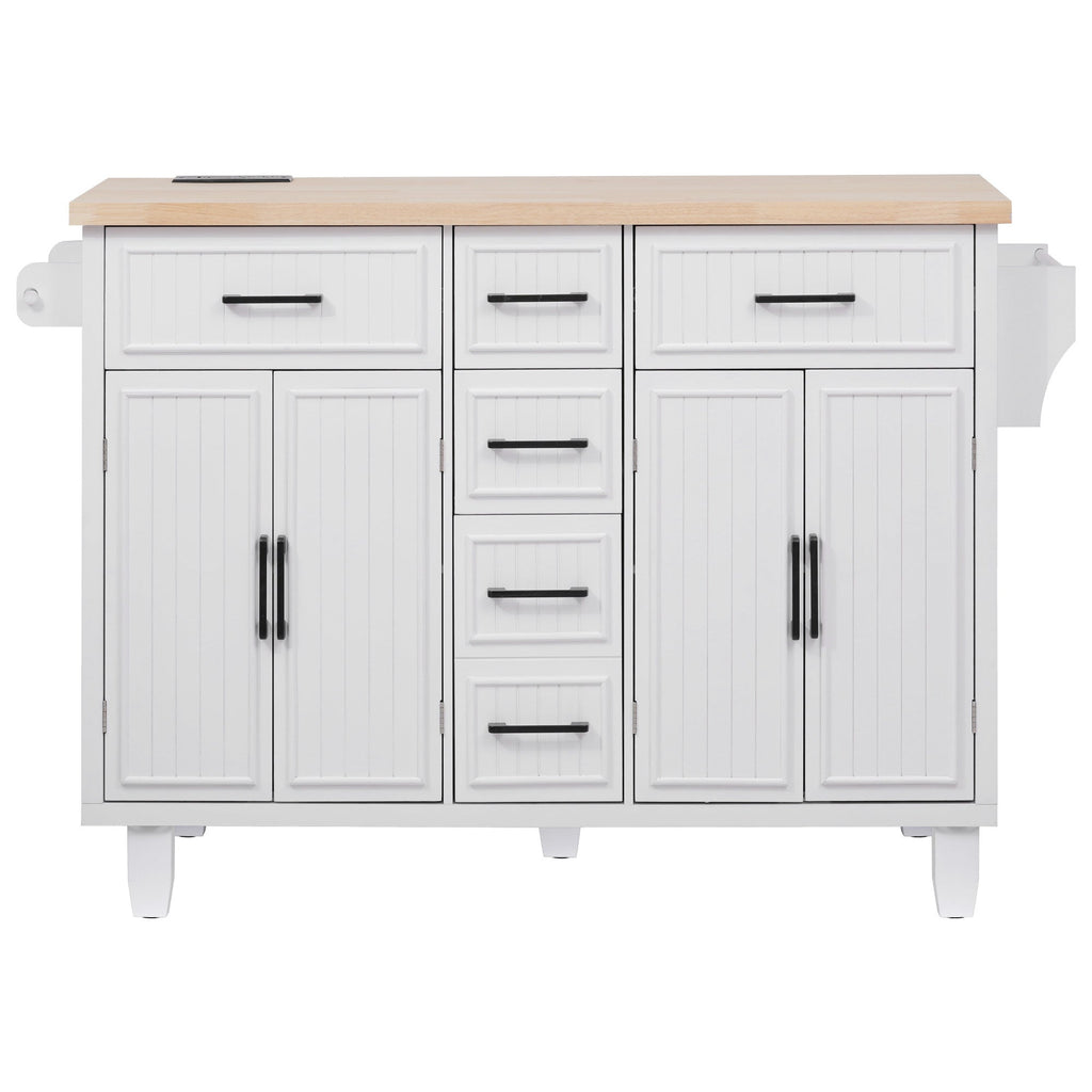K&K 56.5'' Kitchen Island with Drop Leaf, Power Outlet, Embossed Vertical Stripe Rolling Kitchen Cart on Wheels with 4 Doors , 5 Deep Drawers and Adjustable Shelves, for Kitchen, Dining Room, Black