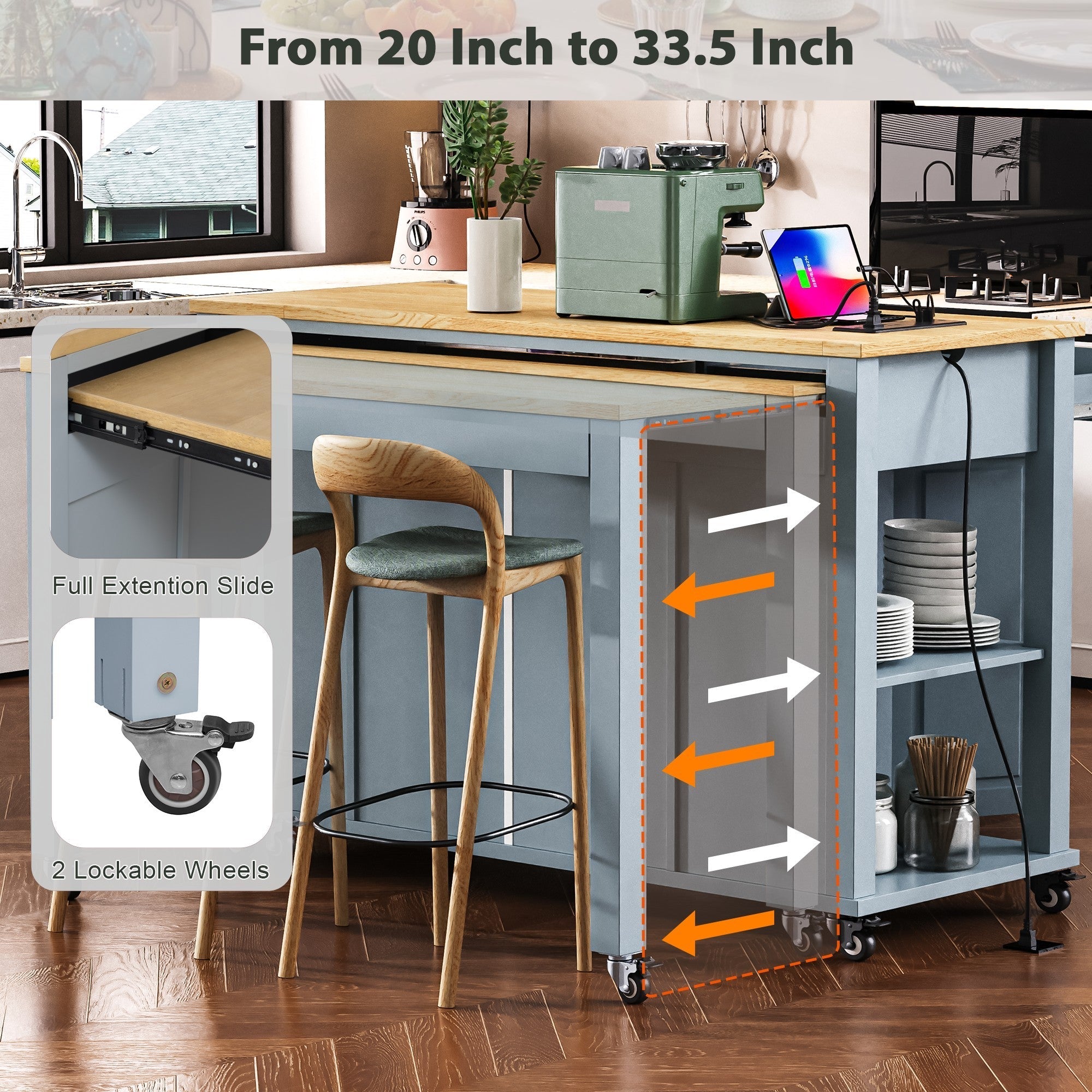 K&K 47 inch Kitchen Island with Extendable Dining Table, Rubber Wood Veneer Kitchen Table with Internal Storage Rack, Power Outlet, Kitchen island with Storage 2 Drawers 2 Cabinet, Black