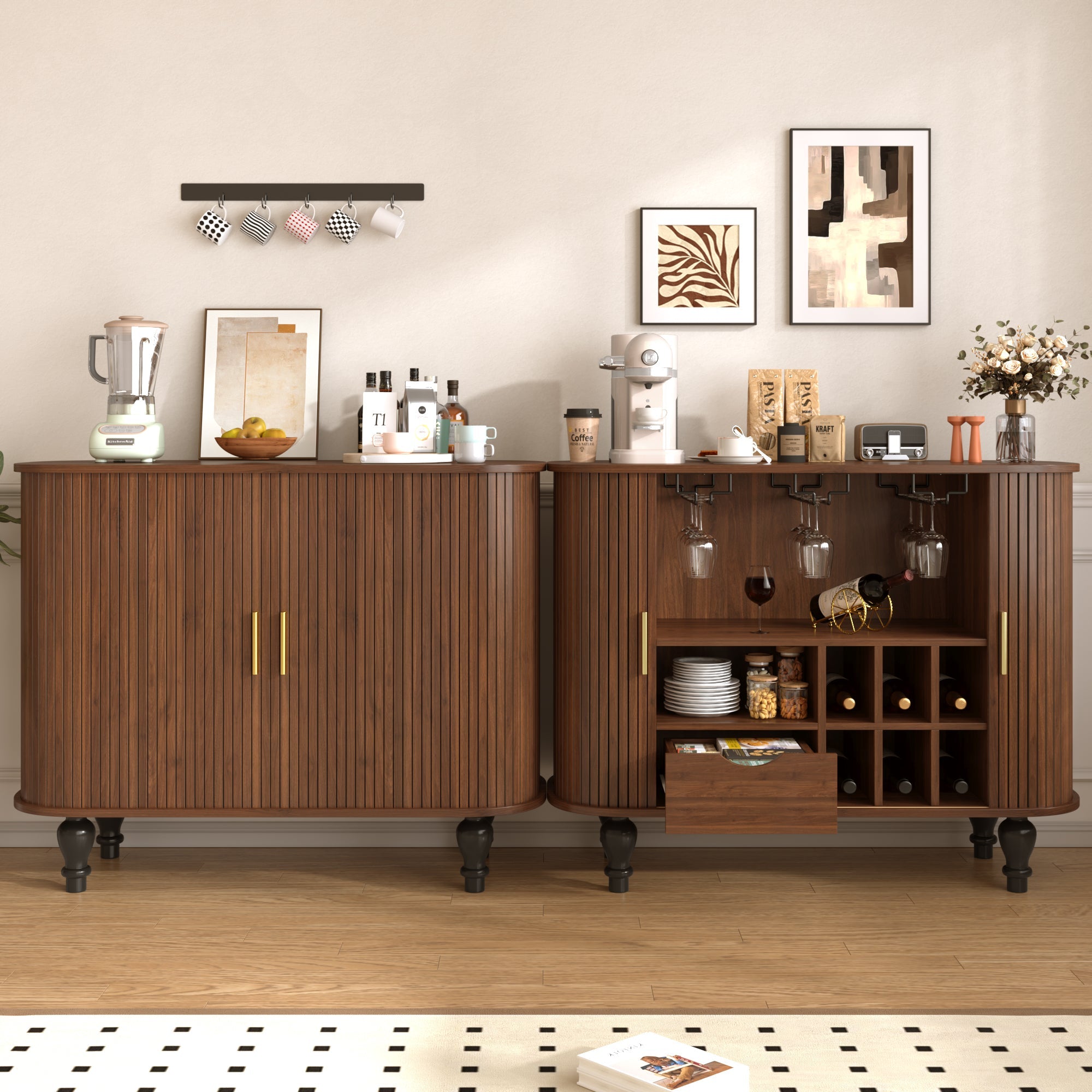 39' Fluted Liquor & Coffee Bar Cabinet with 6 Wine Racks and 3 Glass Holders, Mid-Century Modern Bar Cabinet with A Large Storage Drawer ,4 Hidden Storage Space on the Side , Black