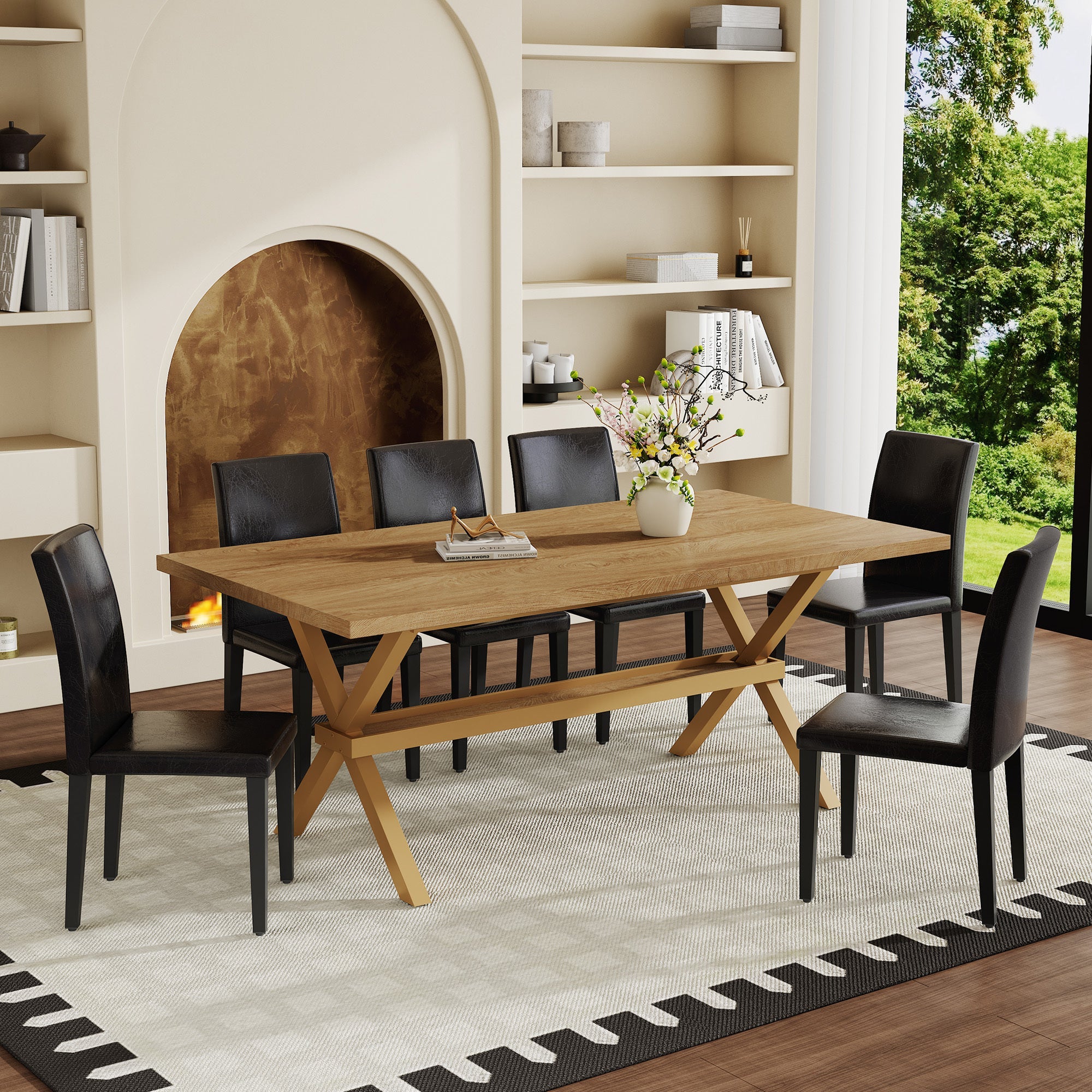 Table and chair set. 71 * 35.4 inch Wood grain MDF splicing desktop with X-shaped metal frame dining table.Includes 8 white PU dining chairs With Black Metal Legs.Making it an ideal choice for home.