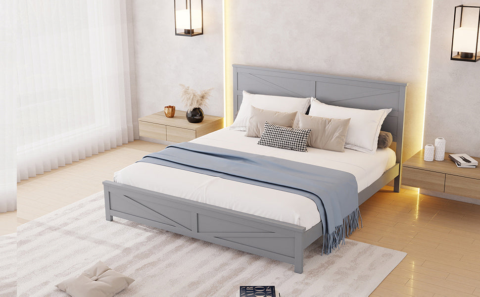 Farmhouse Style King Size Bed with Barn Door Designed Headboard and Footboard, Pinewood Bed with Strengthened Bed Frame,White