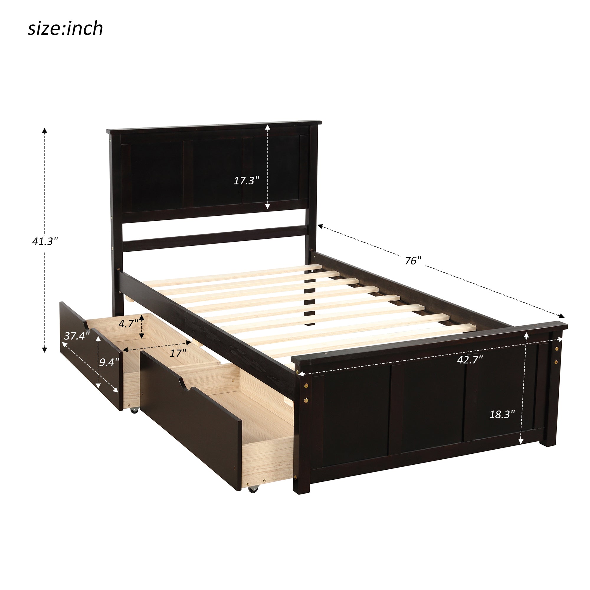 Espresso twin bed frame with slat support — angle view