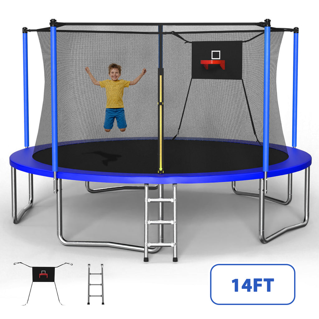 Blue trampoline soft edge spring safety pad and black jumping mat close-up