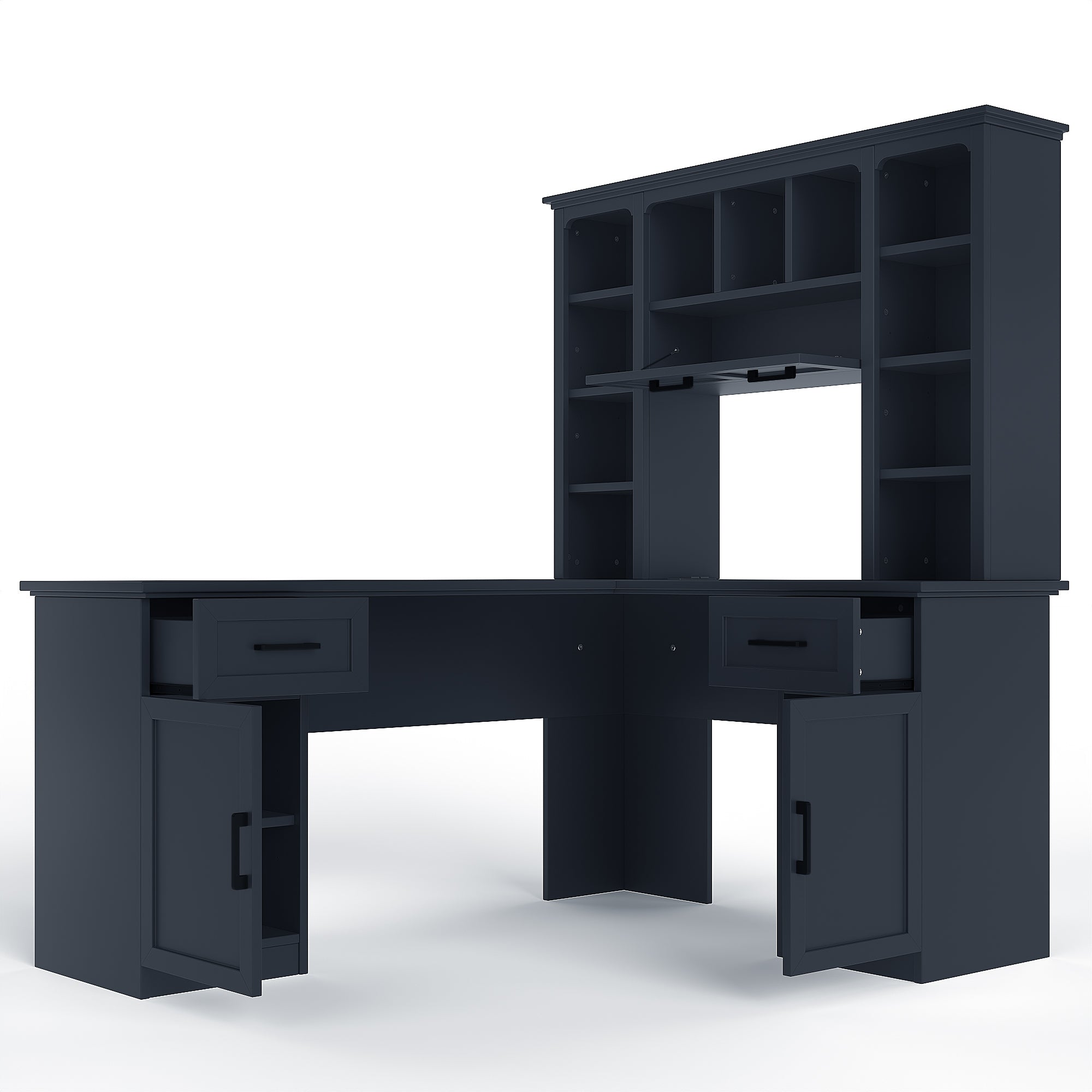 Right-side open shelves and flip shelf detail