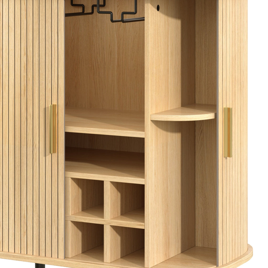 28' Fluted Wine Bar Cabinet with 8-Grid Wine Rack, 5-Level Adjustable Shelves, 2 Glass Holders, Smoothly Sliding Tambour Doors, 4 Hidden Storage Space on the Side, Modern Liquor Coffee Station, Black