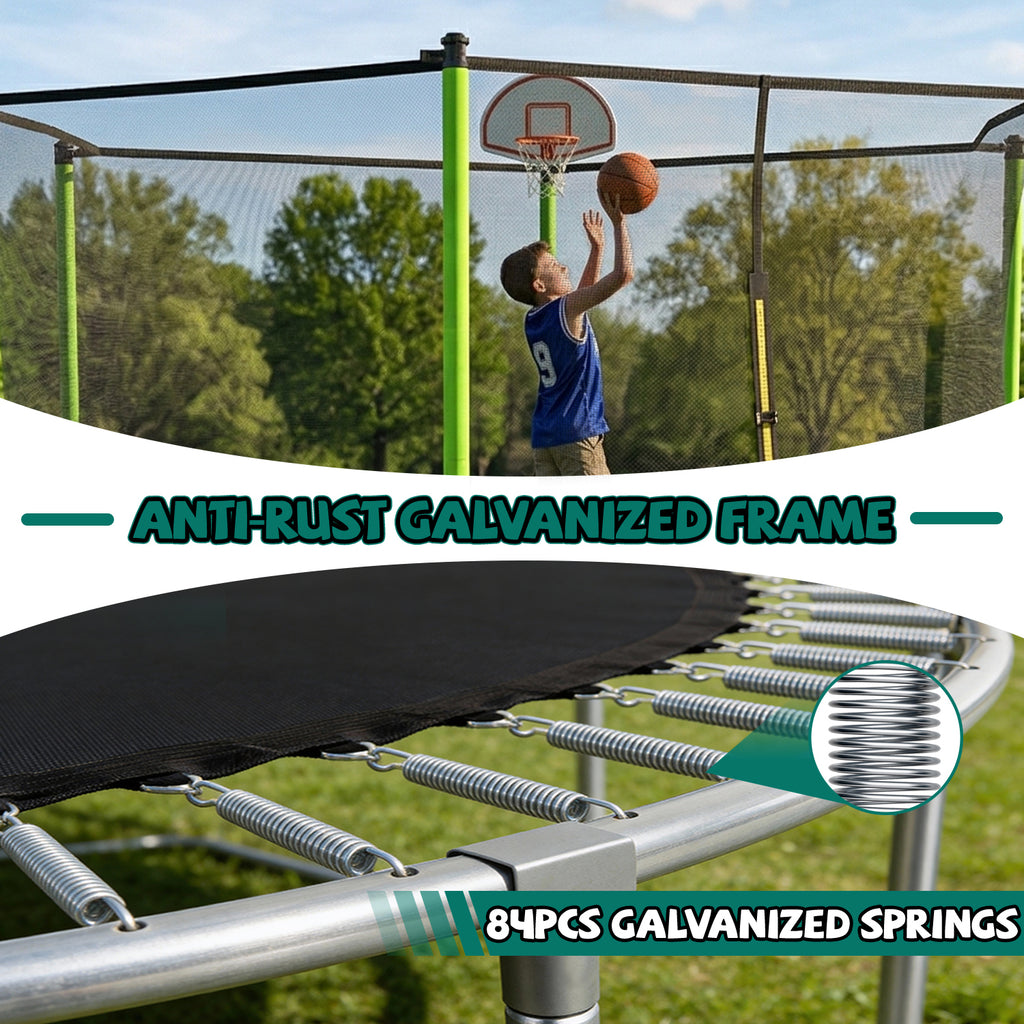 Green outdoor trampoline with safety enclosure net and ladder