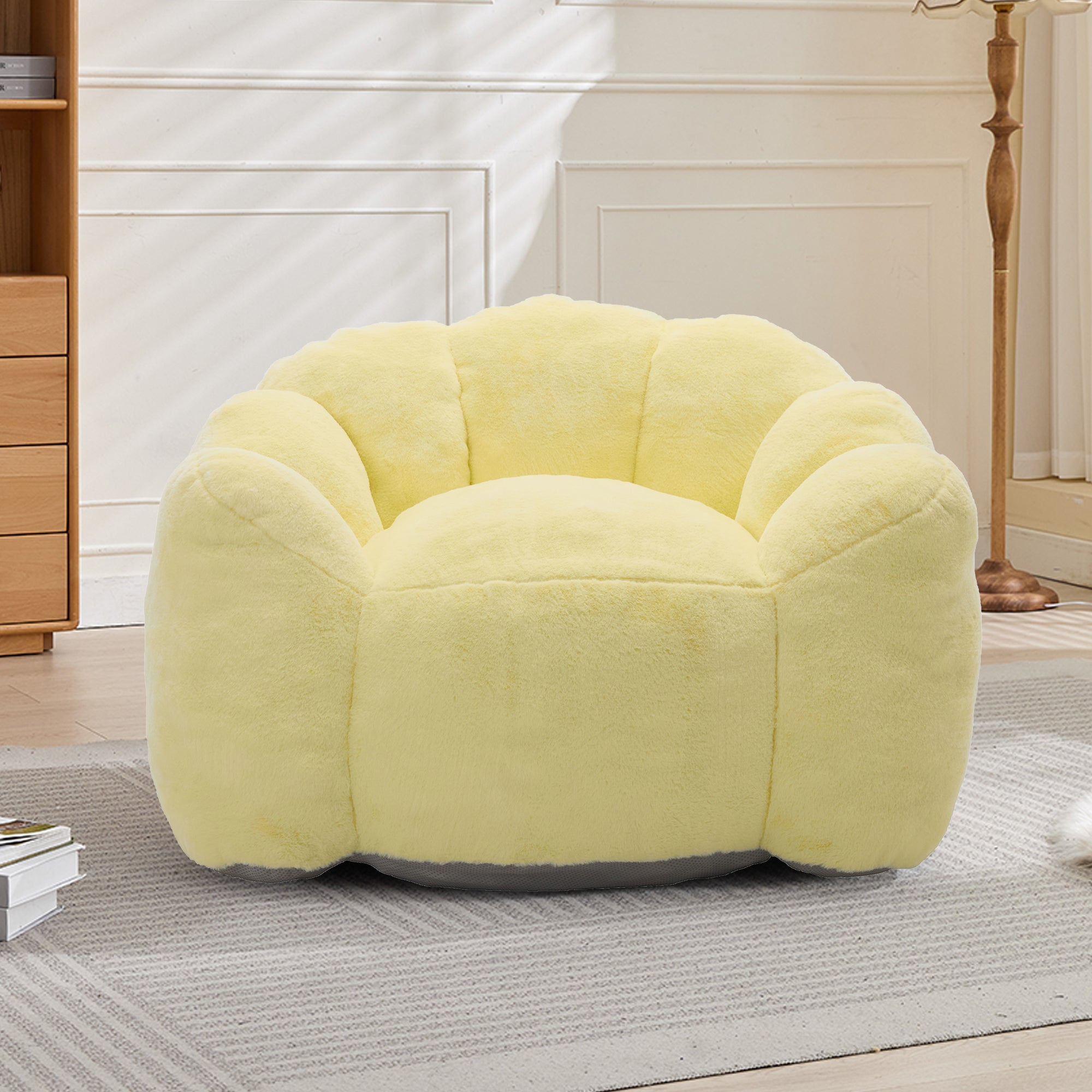 Yellow faux fur bean bag — side profile