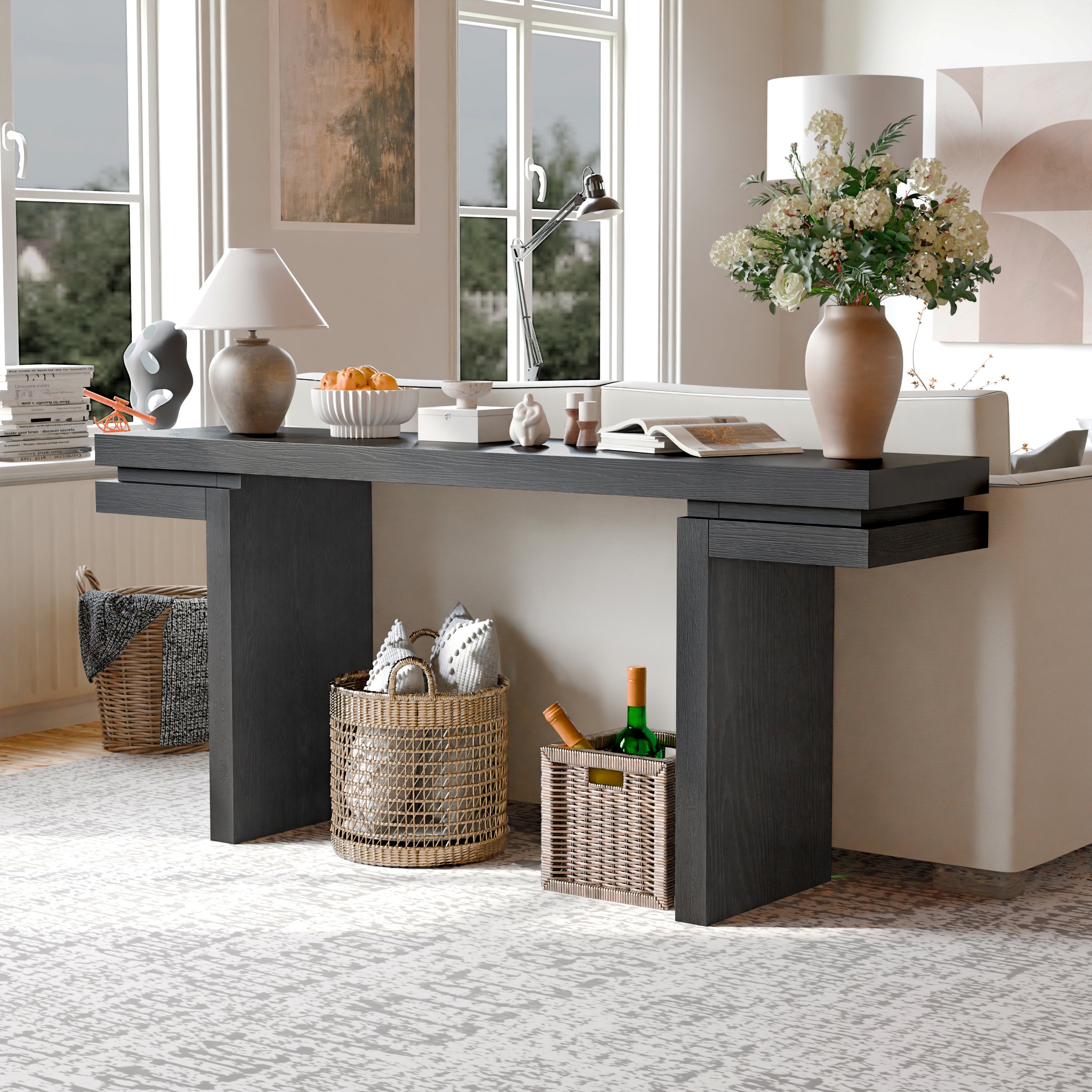66 inch black console table open base storage detail