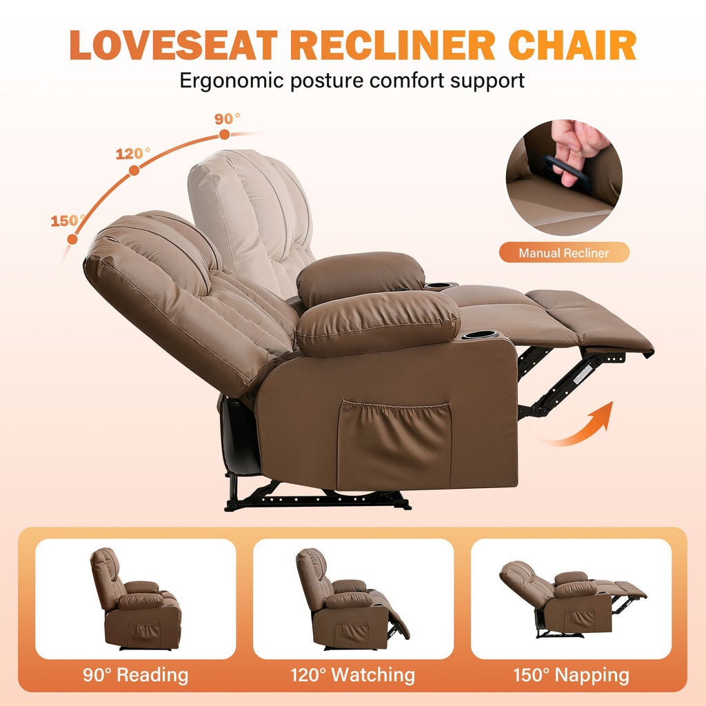 Recliner Loveseat with Massage and Heating for Living Room,Love Seat Manual Oversized Recliner with Cup Holders,Side Pocket for Adult,BLACK