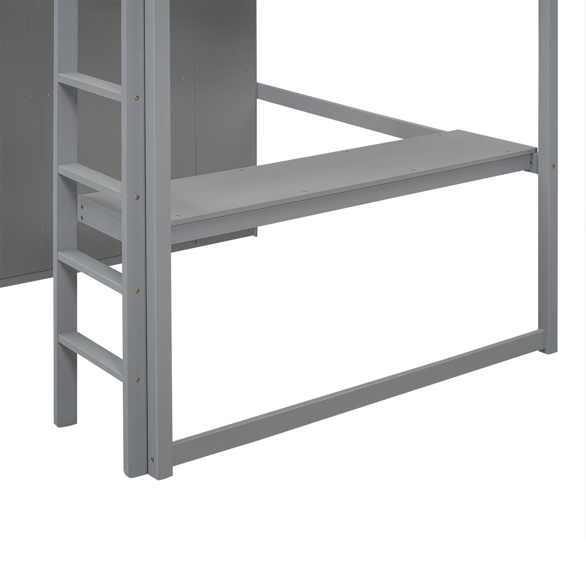 Loft bed storage shelf ladder detail — gray wood