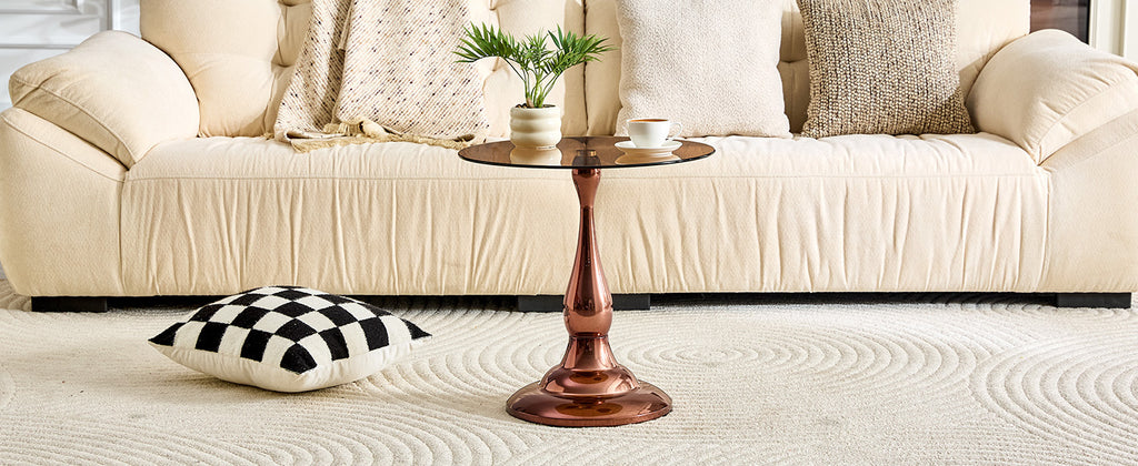 Round side table brown glass top top-down diameter view
