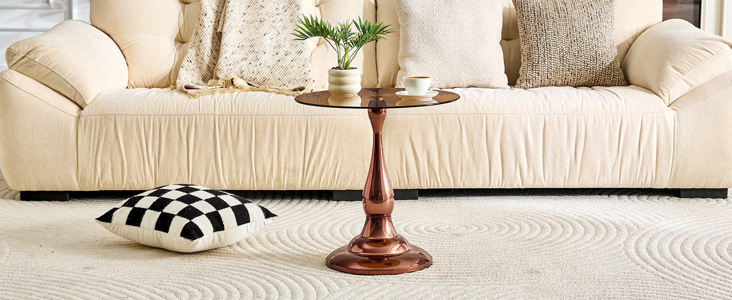 Round side table brown glass top top-down diameter view