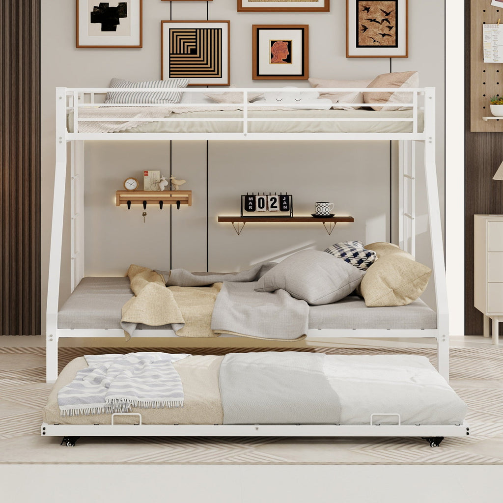 Modern Minimalist Square Tube Iron Bunk Bed with Ladder and Rolling Trundle, Full Size 137cm x 190cm, Black