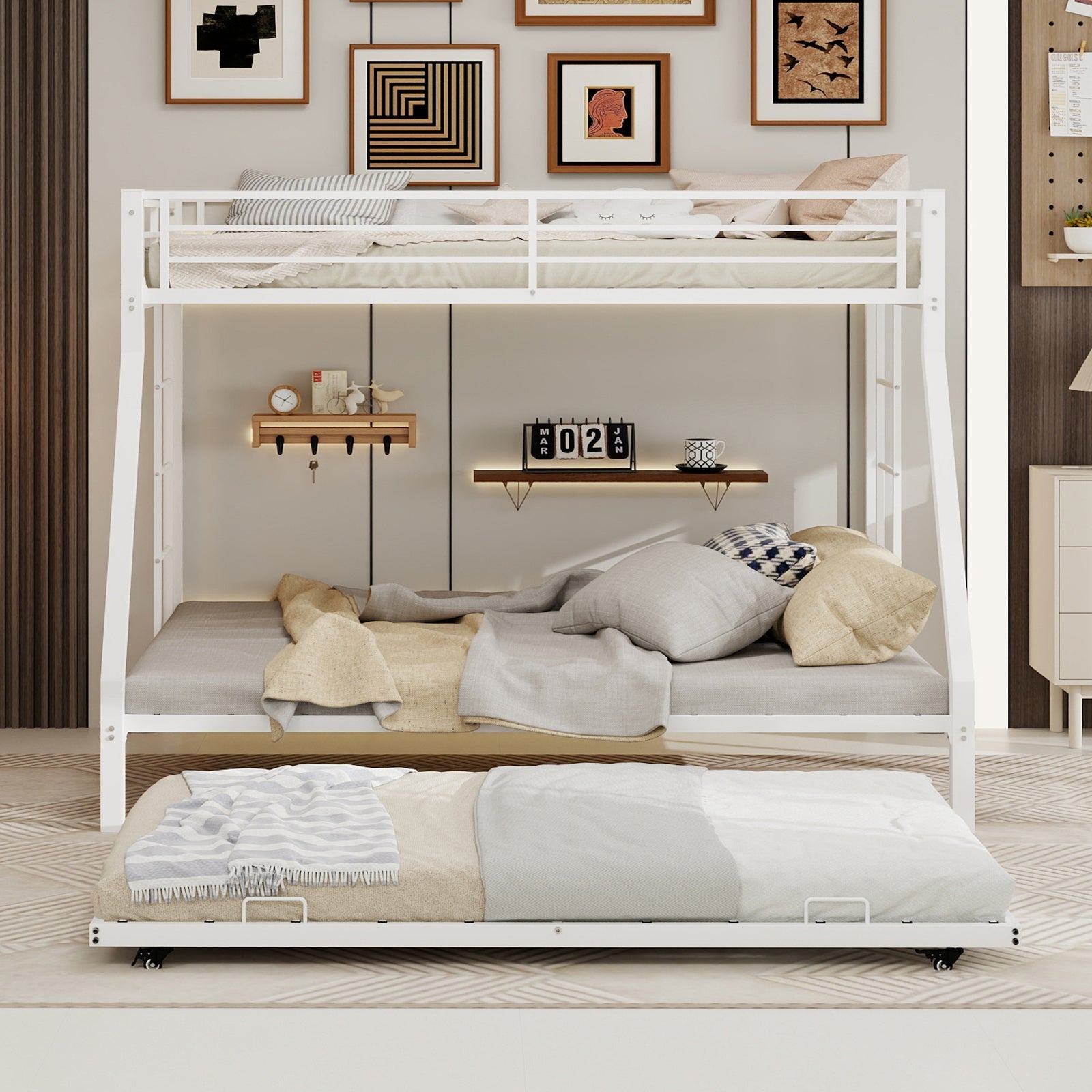 Modern Minimalist Square Tube Iron Bunk Bed with Ladder and Rolling Trundle, Full Size 137cm x 190cm, Black
