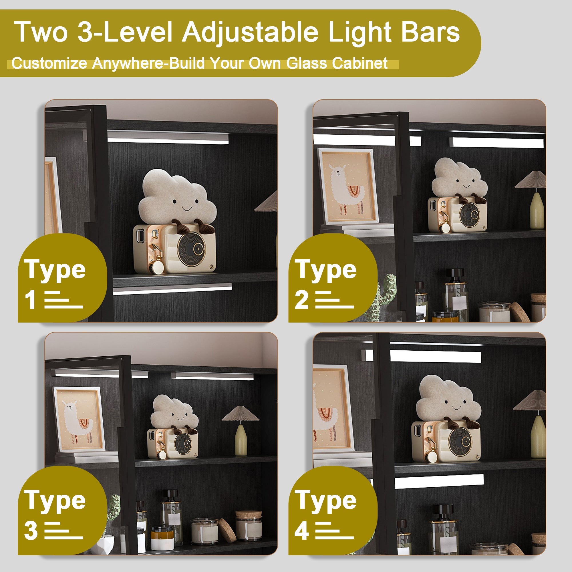 L-Shaped Computer Desk with Glass Cabinets, LED Lights & USB Charging — 43-Inch