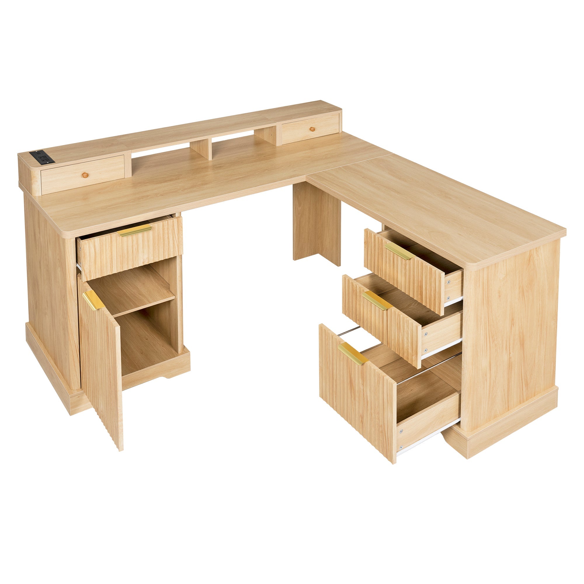Fluted L-Shaped Desk with Charging Station, Monitor Stand & File Drawer — 59-Inch