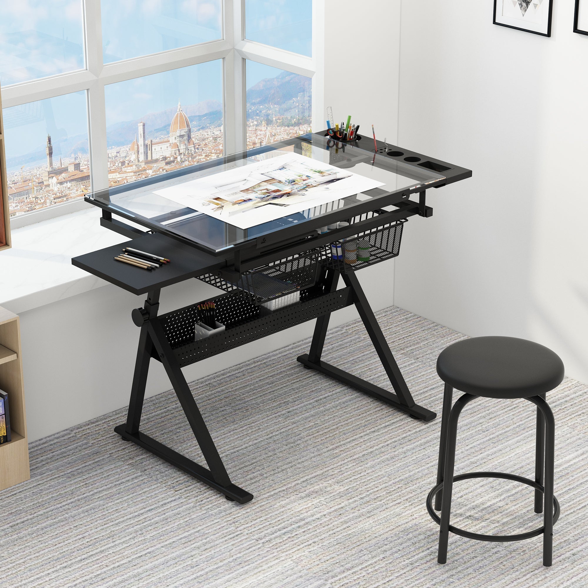 Adjustable Glass Drafting Table with Metal Drawers & Stool