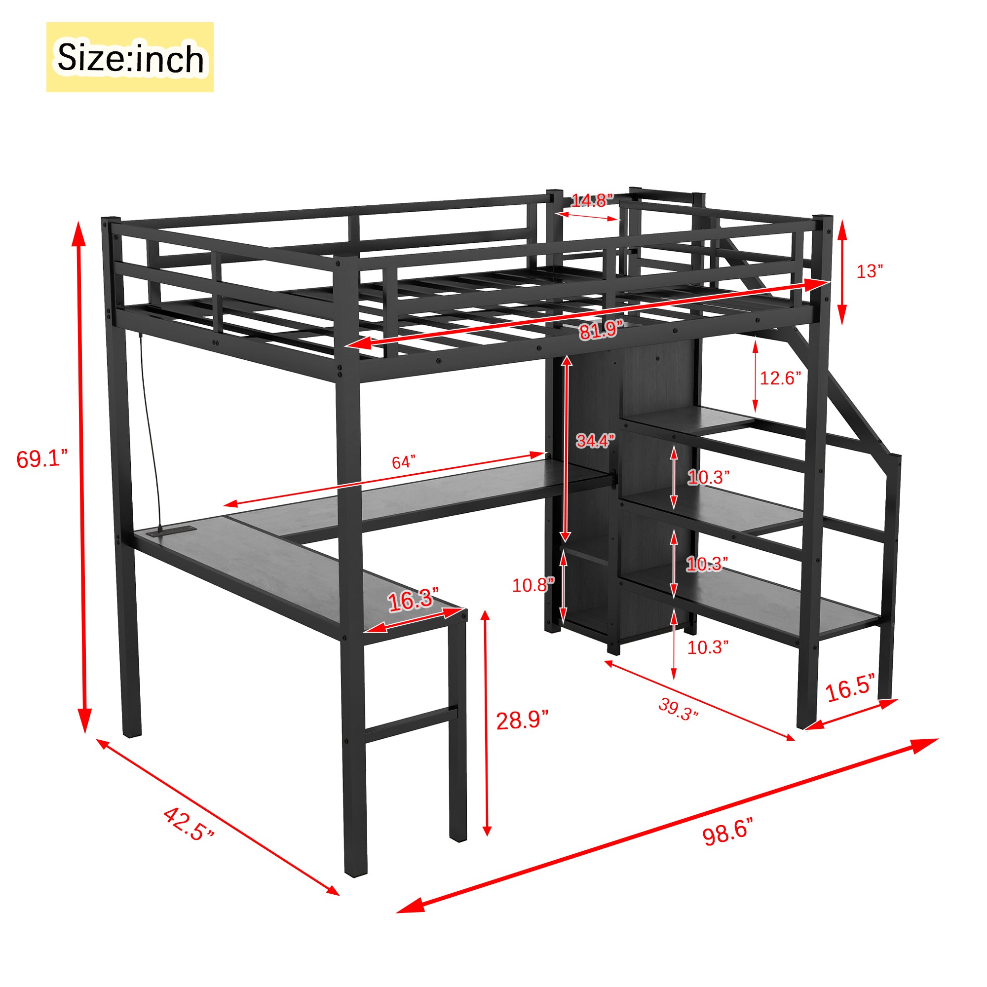 High loft bed with built-in wardrobe and LED lighting detail