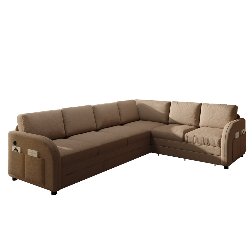 115.2' L-Shaped Sofa Couch with Pull-Out Bed,Oversize Convertible Sleeper Sofa with side Pocket & USB Port,Teddy Upholstered Sectional Couches with Convert Left/Right Facing, Light Grey