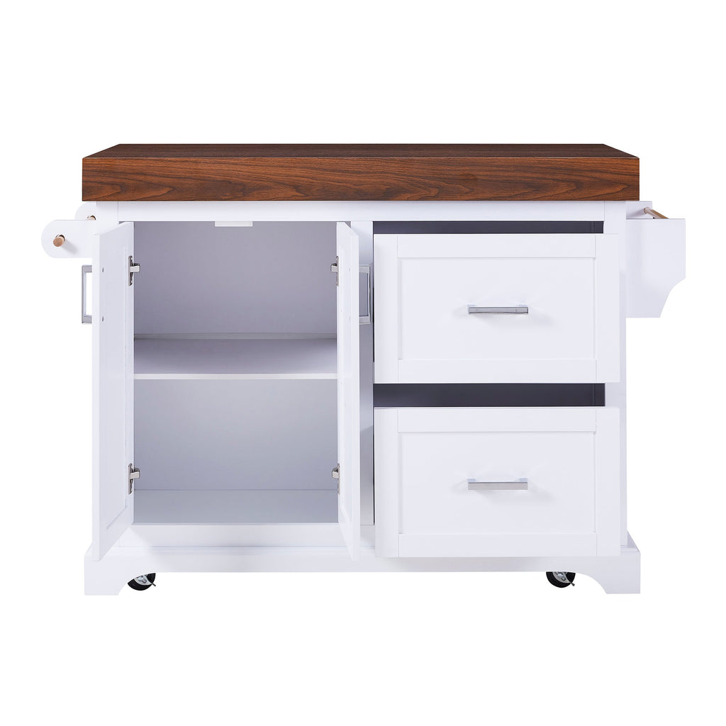 K&K 53' Large Kitchen Island with 3.5' Thick Desktop, Spice and Towel Racks, Rolling Kitchen Island with Storage on 5 Wheels, 2 Extra-large Drawers, for Home, Kitchen, Dining Room, Black