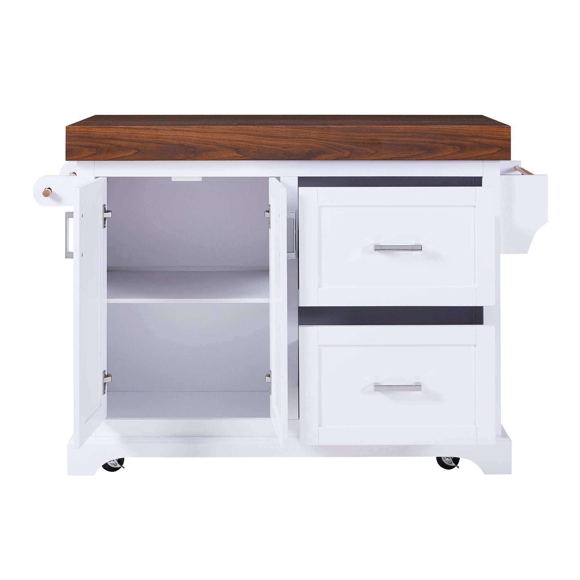 K&K 53' Large Kitchen Island with 3.5' Thick Desktop, Spice and Towel Racks, Rolling Kitchen Island with Storage on 5 Wheels, 2 Extra-large Drawers, for Home, Kitchen, Dining Room, Black