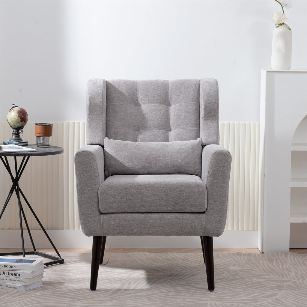 Chenille Accent Chair with Lumbar Pillow — Mid-Century Rubberwood Legs