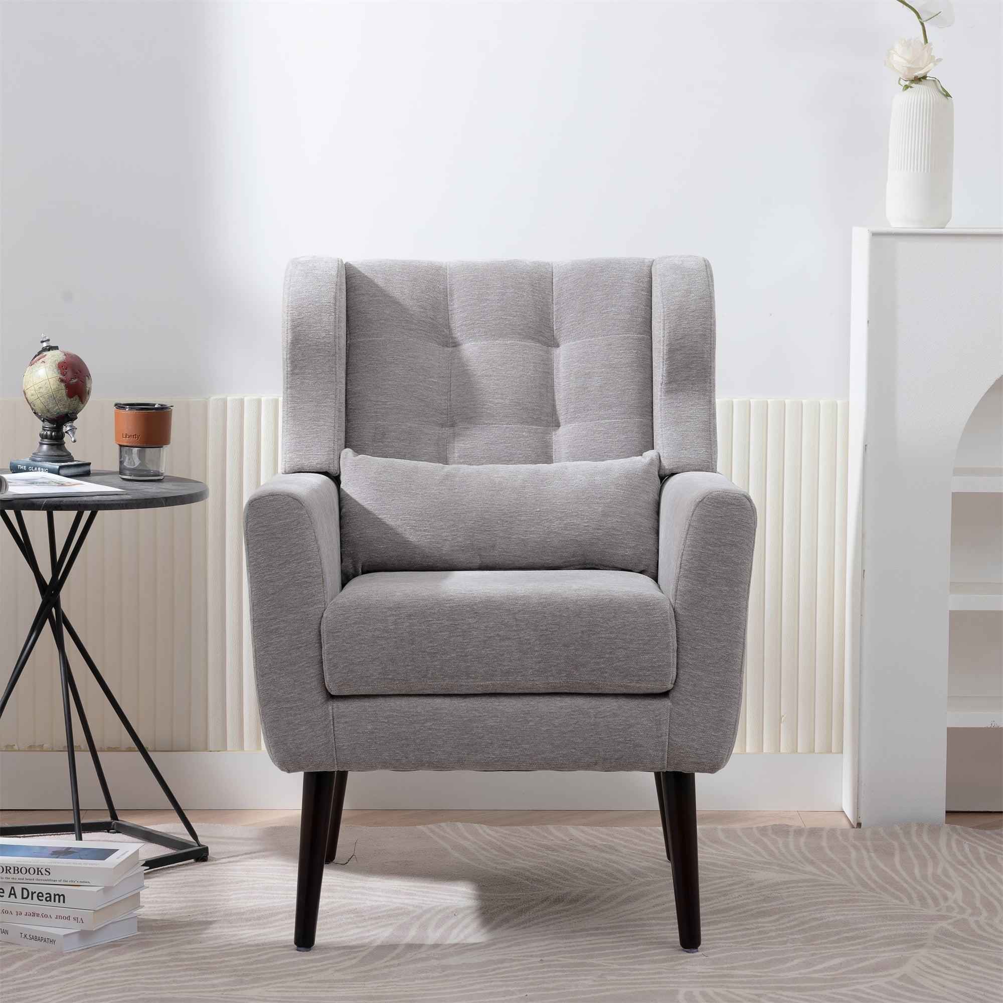 Chenille Accent Chair with Lumbar Pillow — Mid-Century Rubberwood Legs