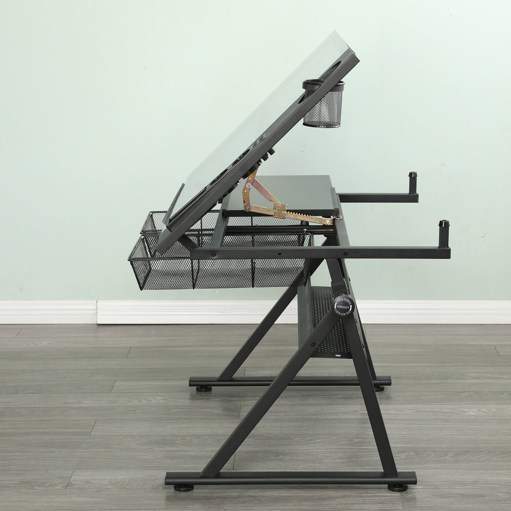 Adjustable Glass Drafting Table with Metal Drawers & Stool