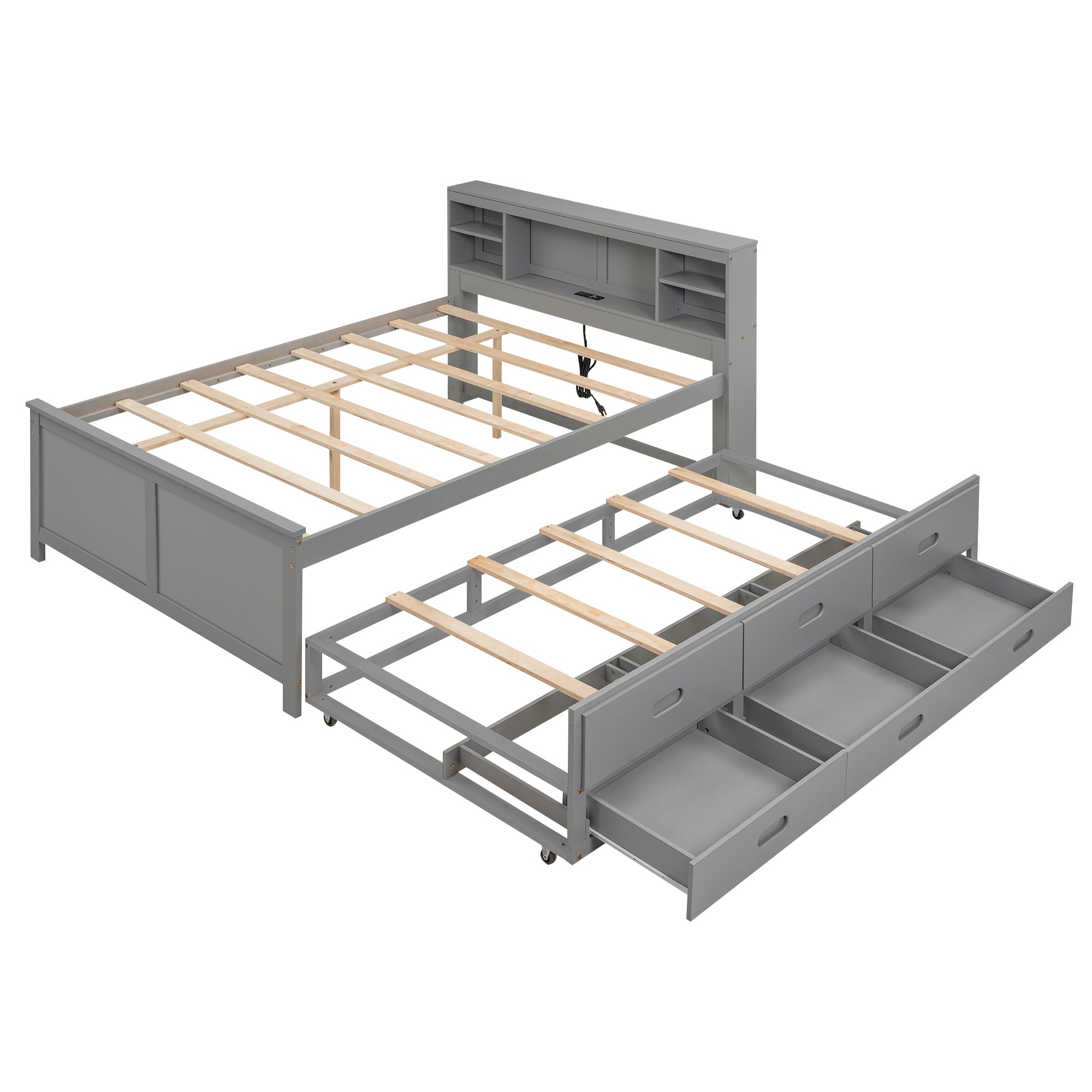 Gray full size platform bed with storage headboard — front view
