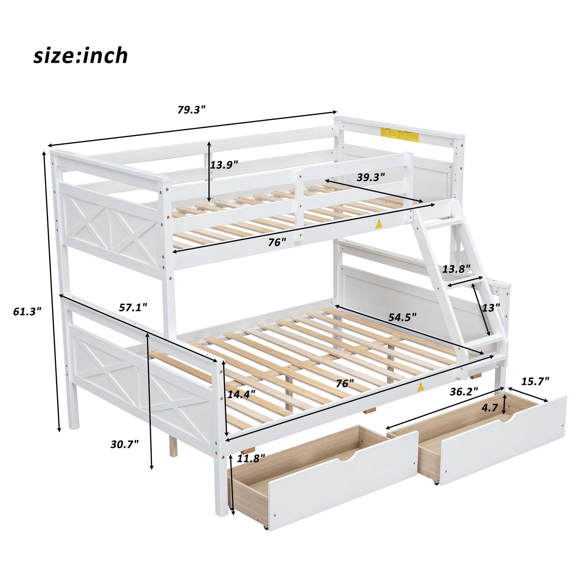 White bunk bed with safety guardrails on upper bunk