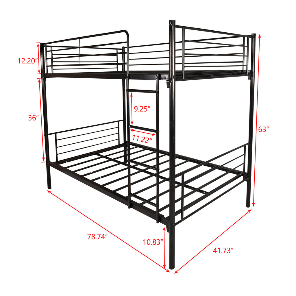 Black metal bunk bed with attached ladder and guardrails