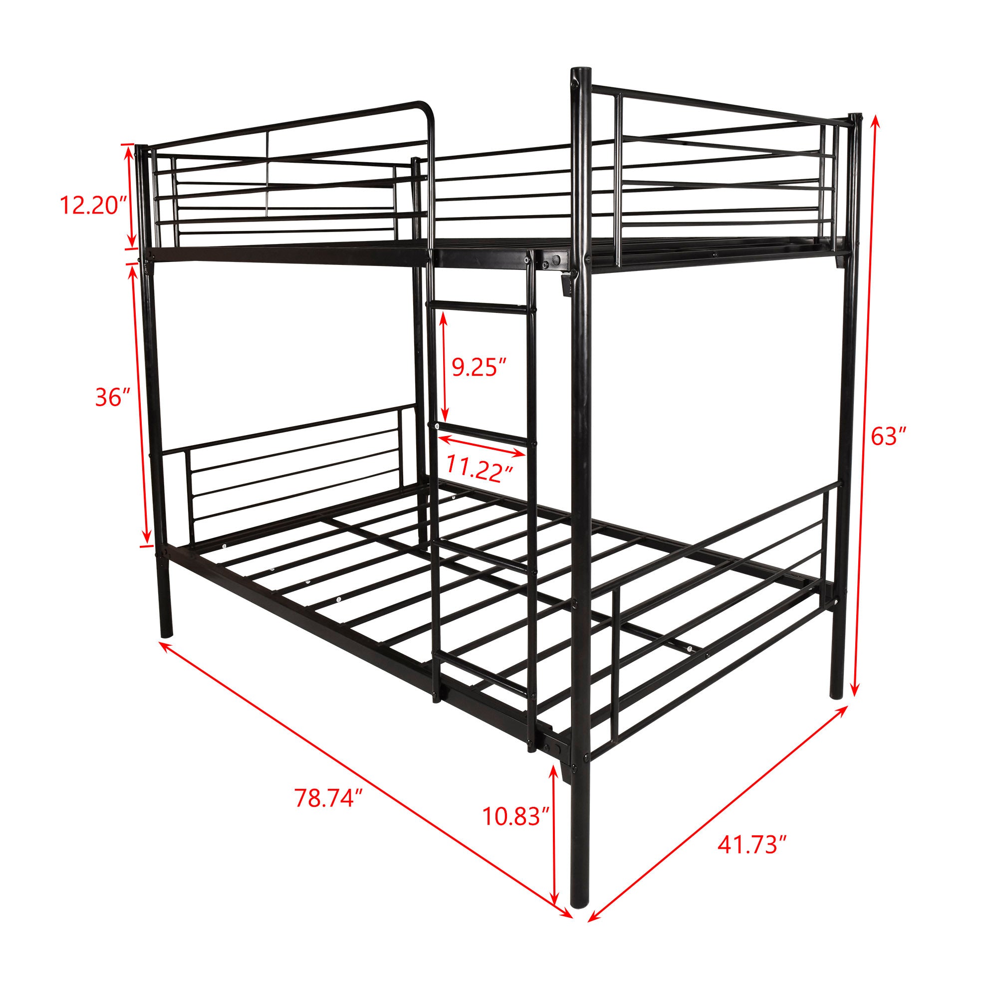 Black metal bunk bed with attached ladder and guardrails