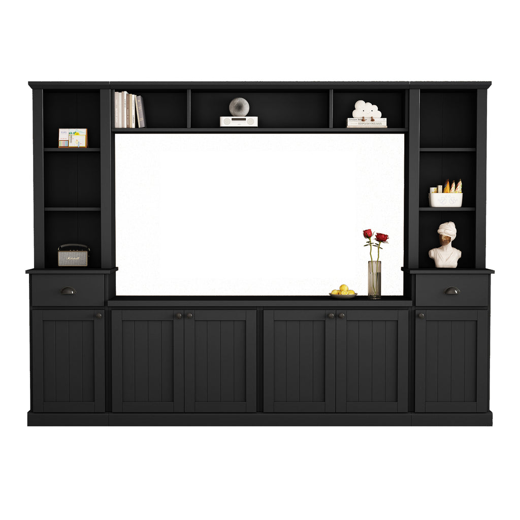 Black wall unit side pier cabinet storage layout