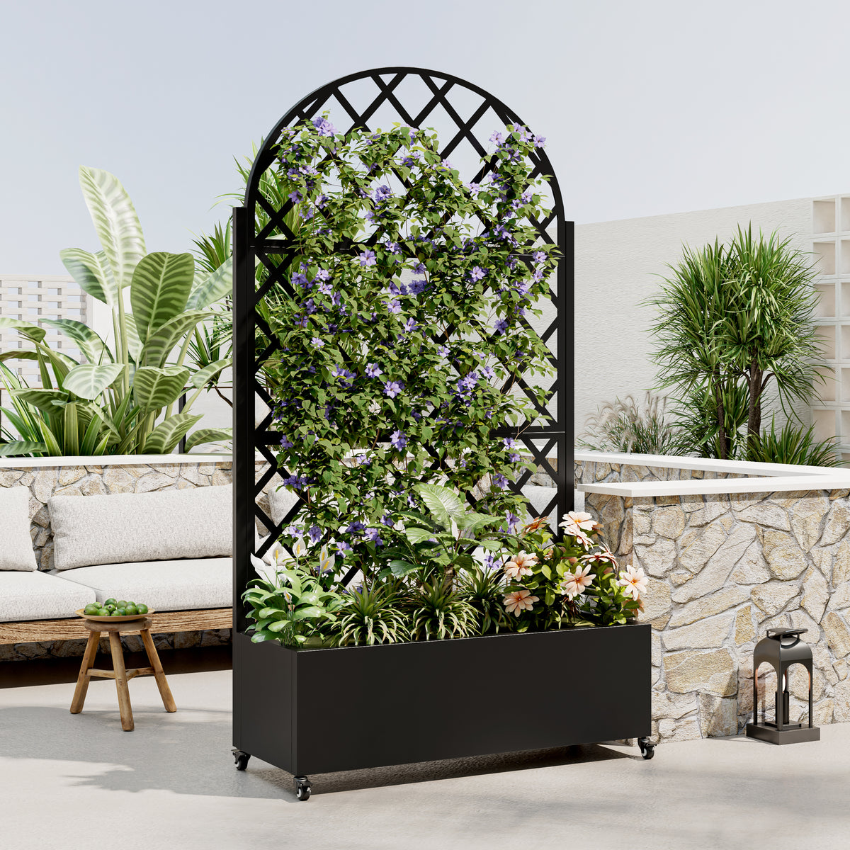 Round Metal Planter Box with Trellis, 73'x35'x16 Metal Raised Garden Bed with Trellis, Metal Planter Box with Drainage Holes & Lockable Wheels & Privacy Screen for Climbing Plants, Vegetables, Vines