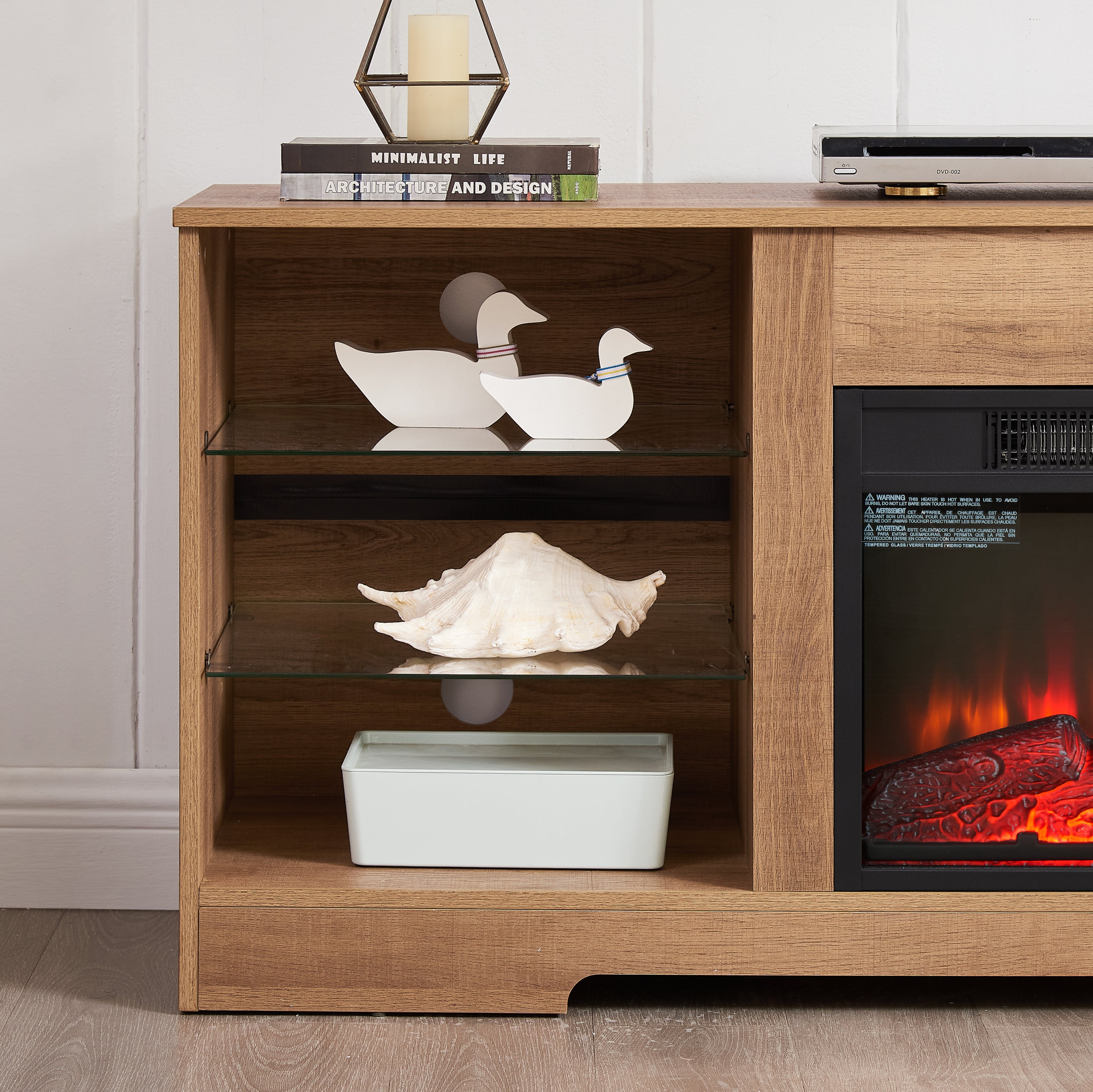Electric fireplace TV console with adjustable glass shelves