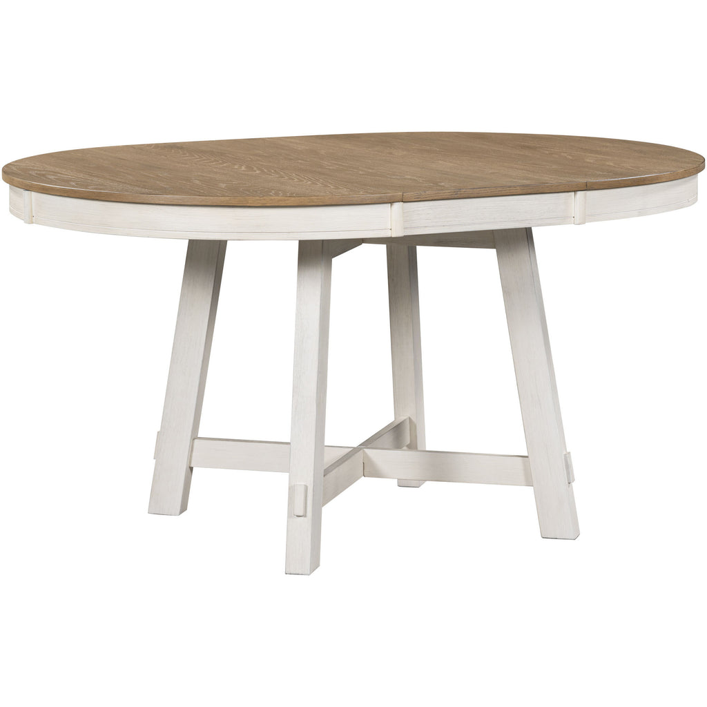 Oak veneer round tabletop extendable leaf mechanism close-up