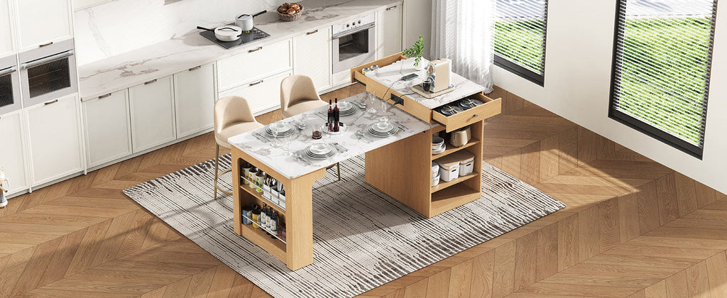 K&K 59.5' Kitchen Island with Extendable Dining Table, Kitchen Storage Table with Double-sided Storage, Kitchen Island with 2 Drawers, Power Outlet, Side Open Shelves, for Kitchen, Dining Room, Black