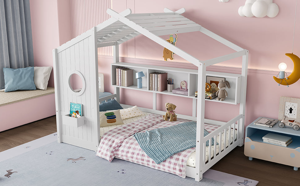 Twin Size Floor House Bed for Toddler, Kids Montessori Bed with Storage Shelf, Playhouse Bed with Roof Design, Gray